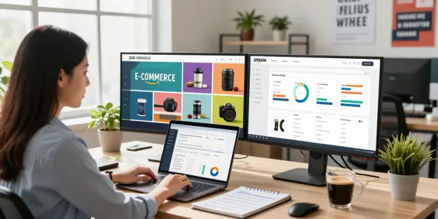 Amazon listing optimization workspace with charts and product images, promoting effective e-commerce strategies.