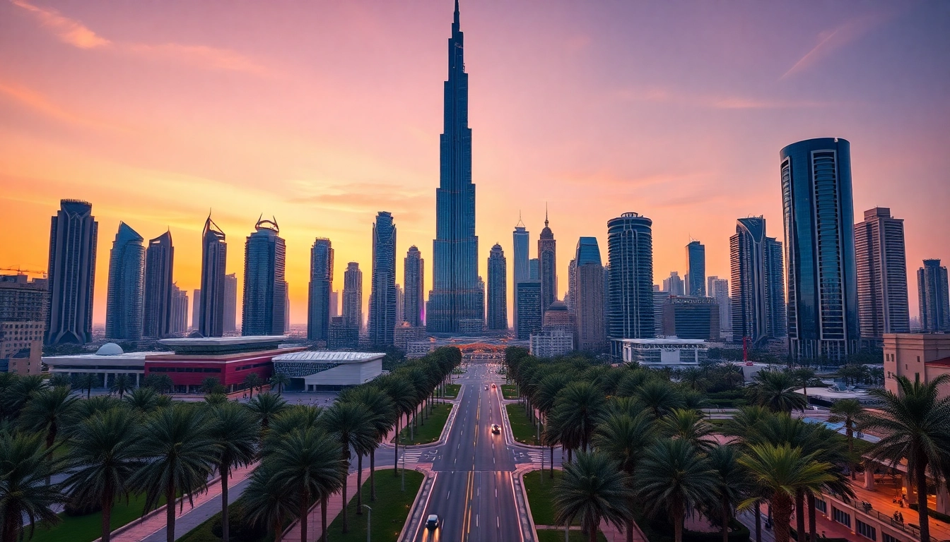 Vibrant skyline of Dubai City showcasing iconic skyscrapers against a colorful sunset.
