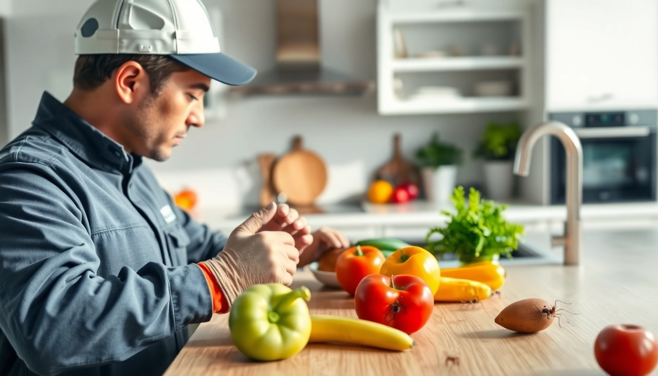 Ants in kitchen exterminator inspecting countertops in a modern kitchen.