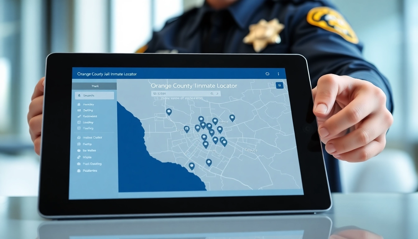 Engaging the Orange County Jail Inmate Locator on a digital device in a professional legal setting.