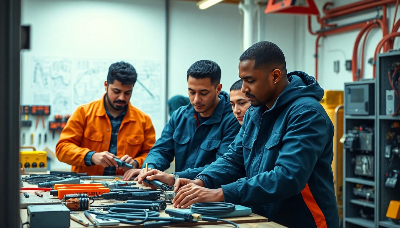 Electrical apprenticeship trainees collaborating in a hands-on workshop to enhance learning.