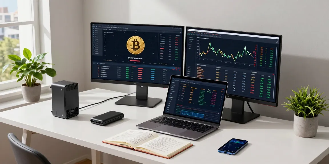 Mining crypto online with professional setup showcasing blockchain dashboards and security-focused elements in a vibrant home office.