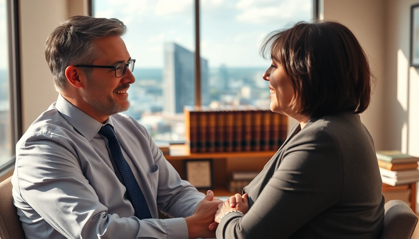 Sarasota injury lawyer consulting with a client in a bright office.
