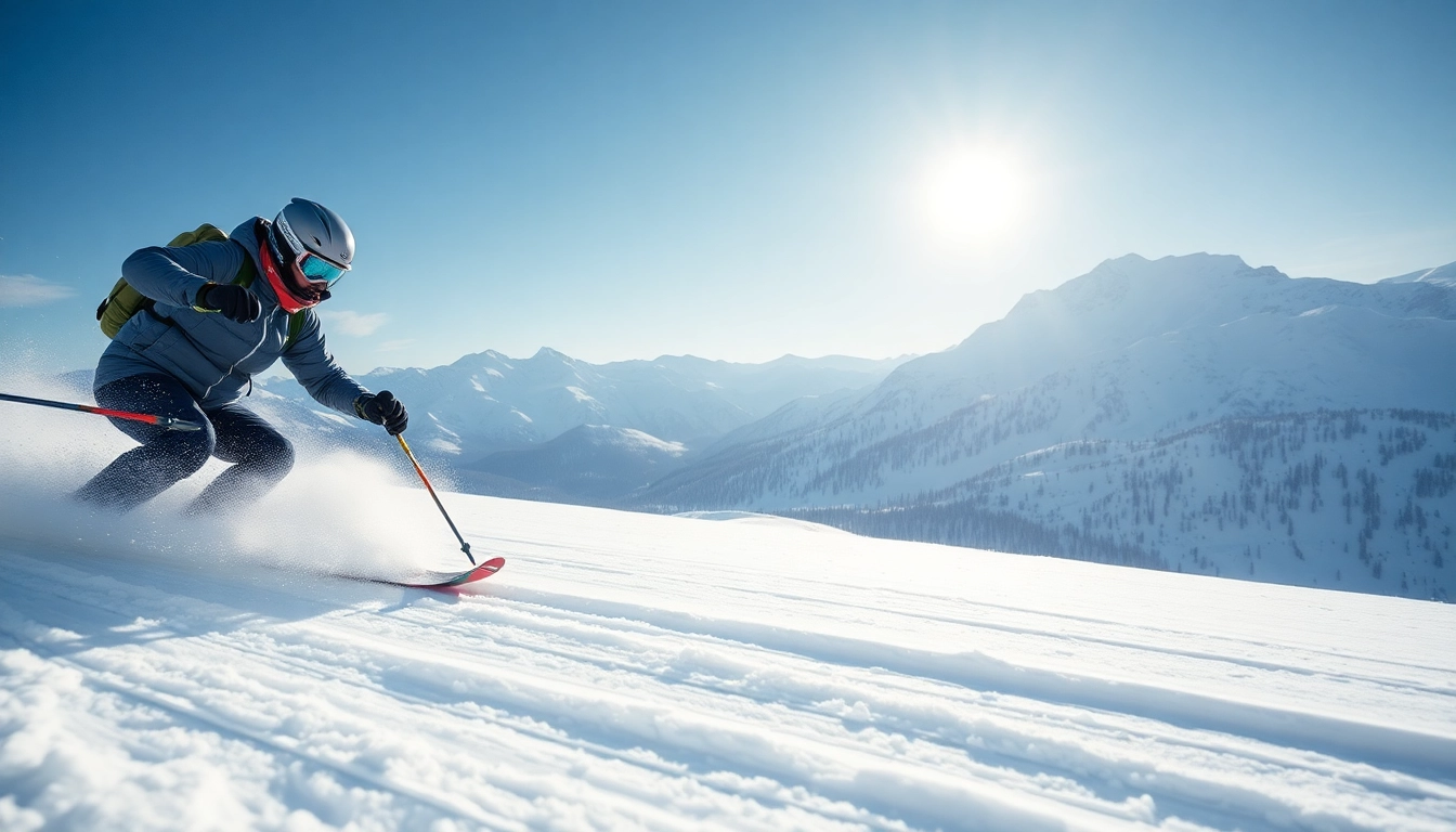 Skier expertly maneuvering on stockli skis amidst a stunning mountain snow landscape.