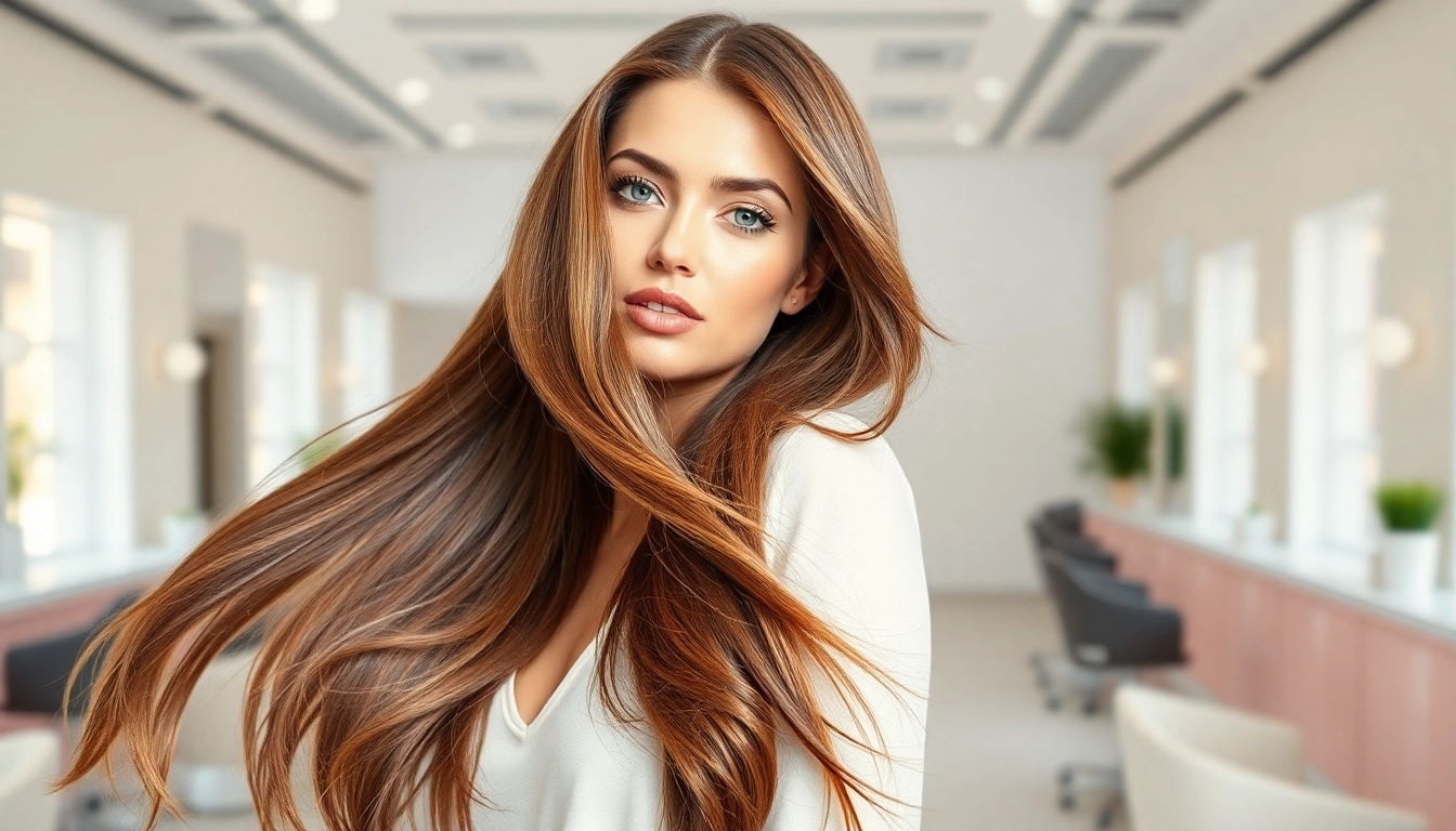 Model displaying invisi edge clip in hair extensions in a bright salon.