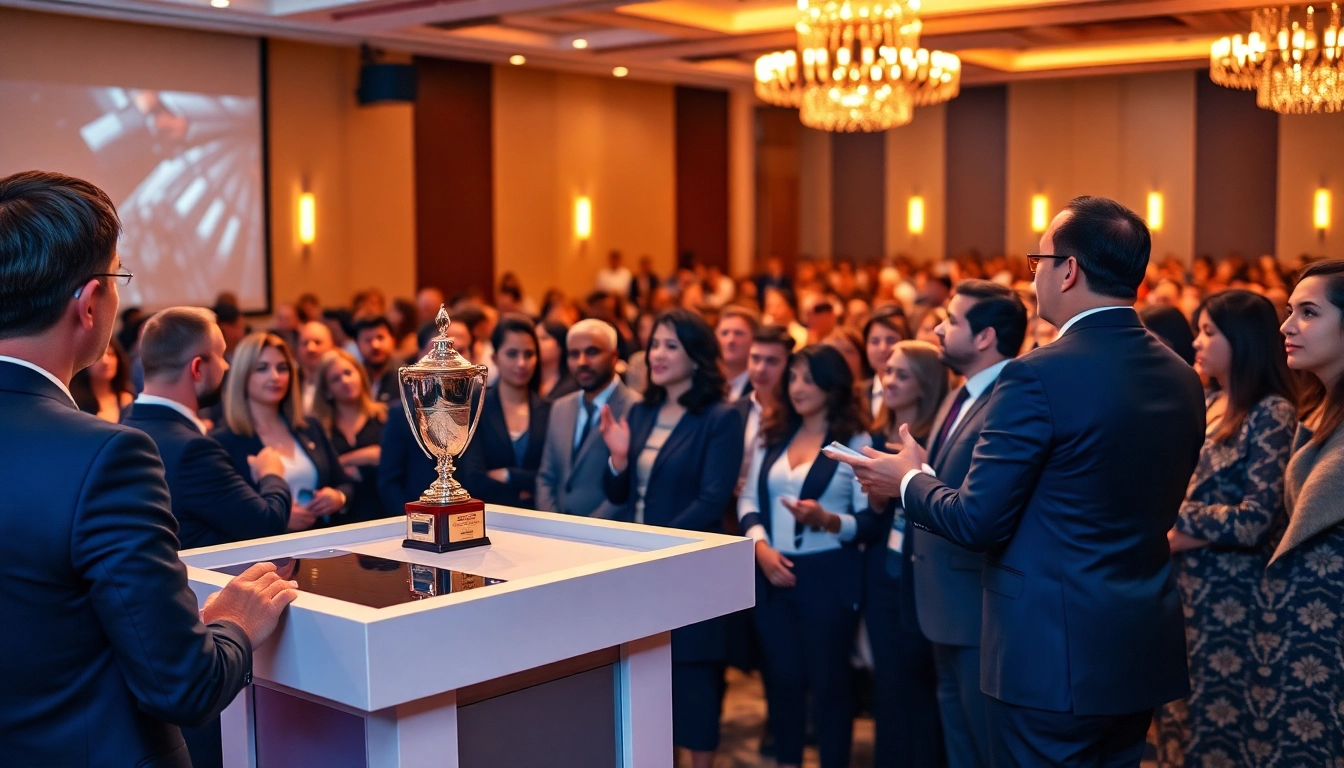 Celebrate construction awards with an elegant trophy at a lively ceremony.