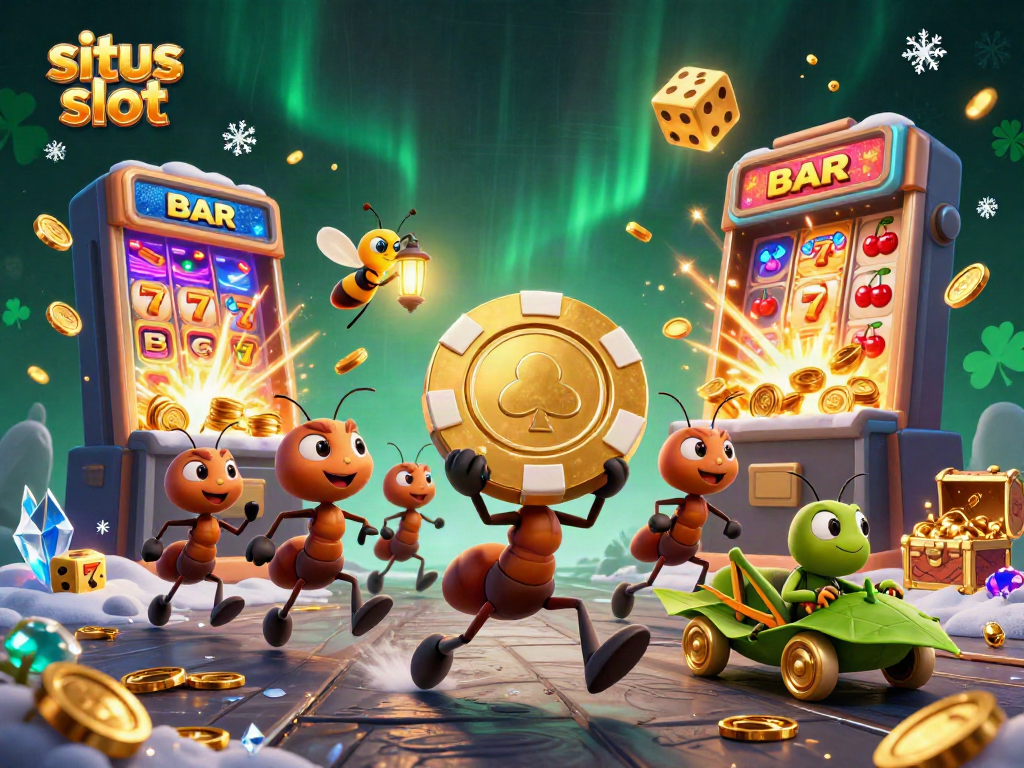 Engage with situs slot through a vibrant heist scene featuring ants, golden poker chips, and slot machine excitement.
