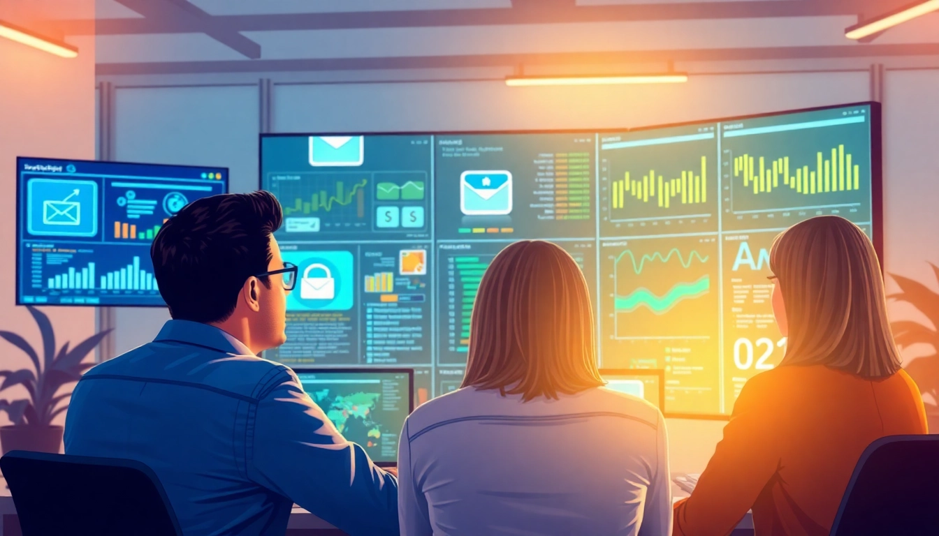 Team collaborating on Email Security & Archiving with digital analytics for enhanced protection.