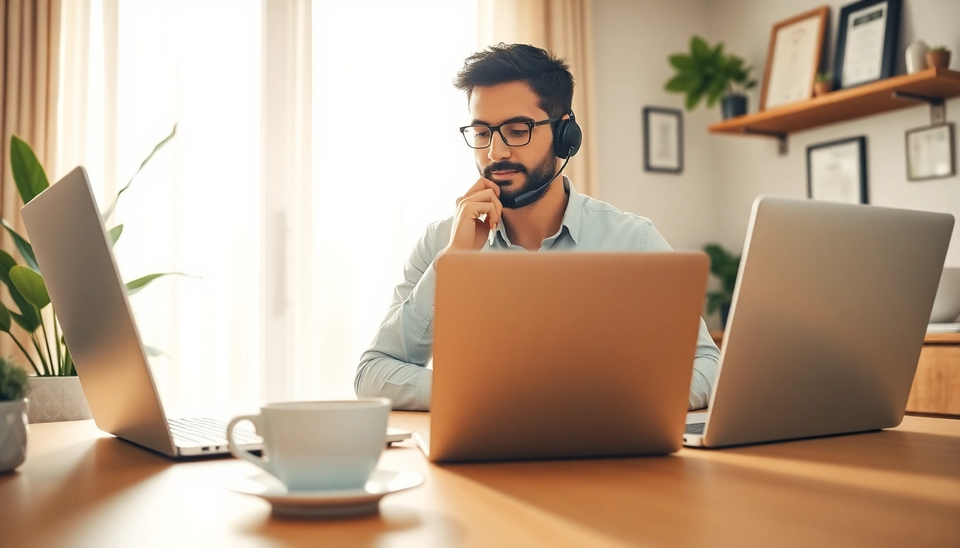 Engaged user utilizing a uk home voip system in a modern home office setup.