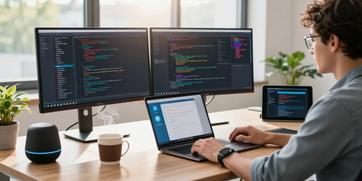 Explore the features of 纸飞机下载 in a modern workspace with a developer coding on multiple screens, surrounded by tech gadgets and a vibrant atmosphere.