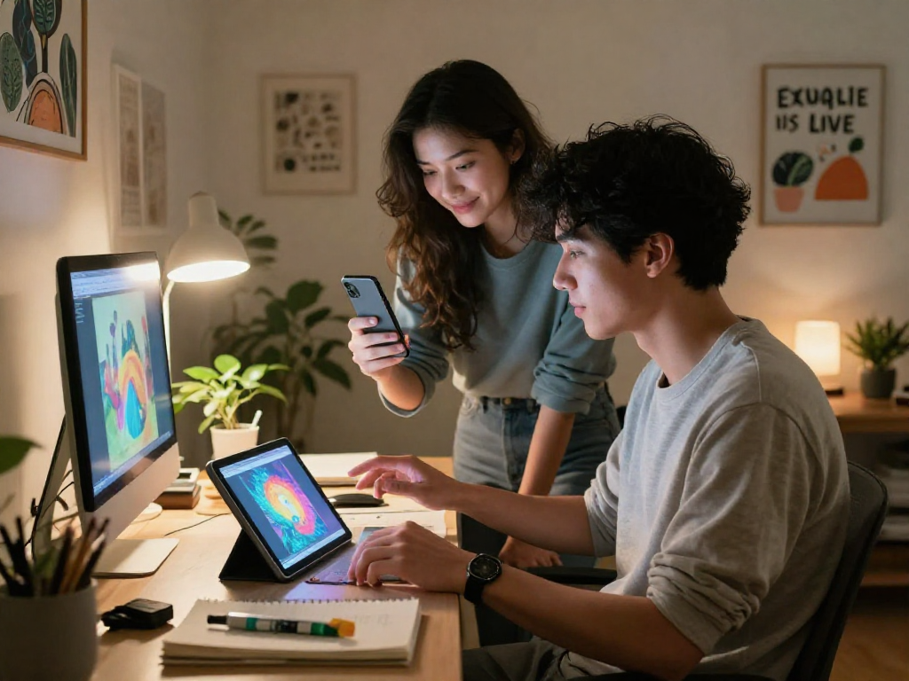 A couple explores AI porn creativity in a cozy home office with vibrant visuals.