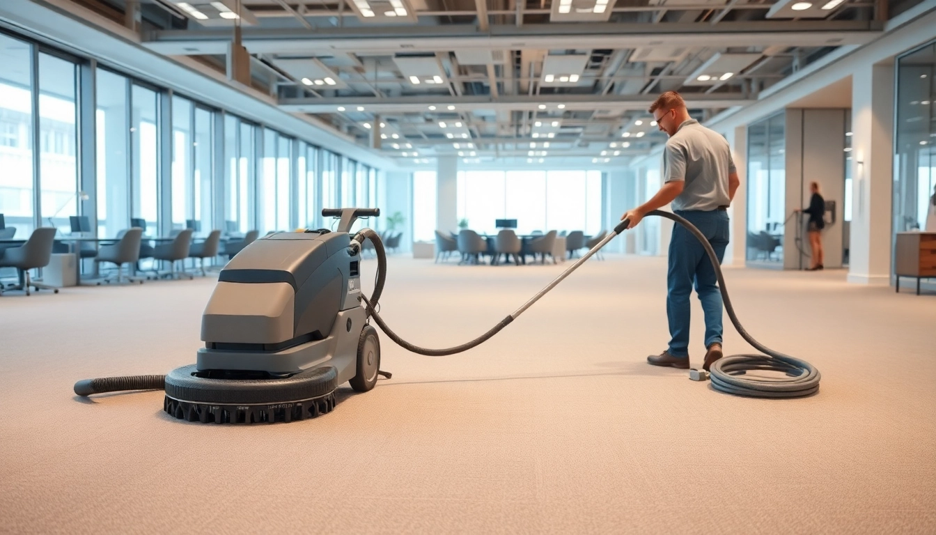 Professional commercial carpet cleaning in action within a spacious office, showcasing effective techniques.