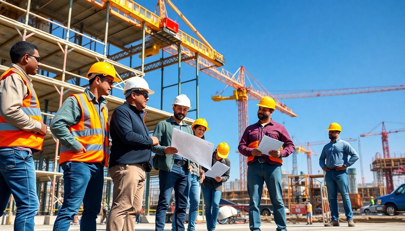 Workers collaborating on construction workforce development at an energized site.