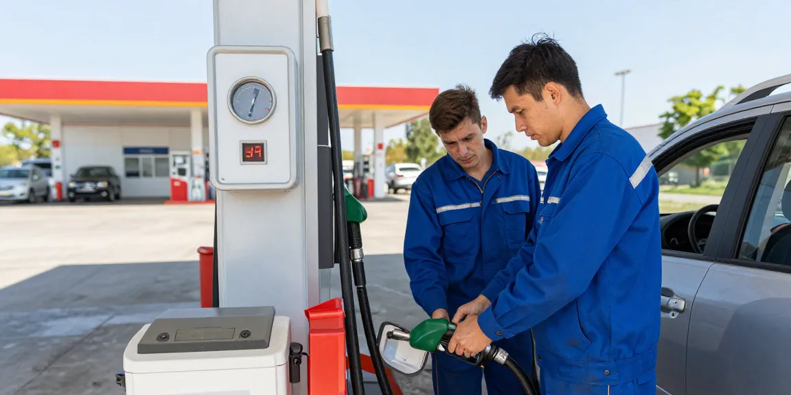 Mechanic draining petrol from a diesel car at a fuel station.