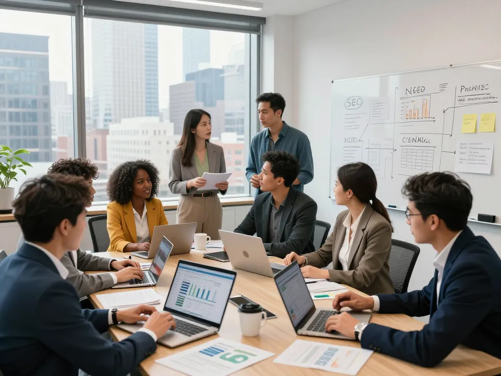 SEO Company in NYC professionals collaborating on digital marketing strategy in modern office.