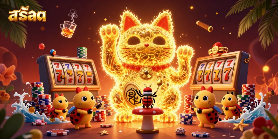 Spin the slots with the giant lucky cat and golden fireflies in this vibrant casino scene.