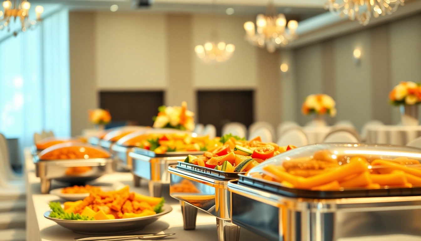 Stylish chafing dish filled with colorful food on an elegantly set table.
