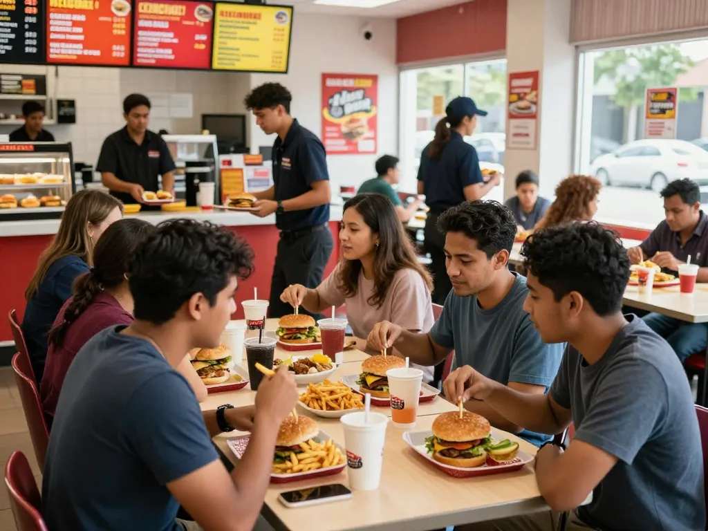 Engaged diners experiencing fast food prices in a lively restaurant setting.