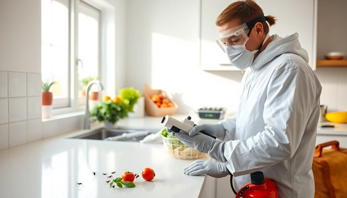 Ants in kitchen exterminator spraying ant trails in a clean kitchen environment
