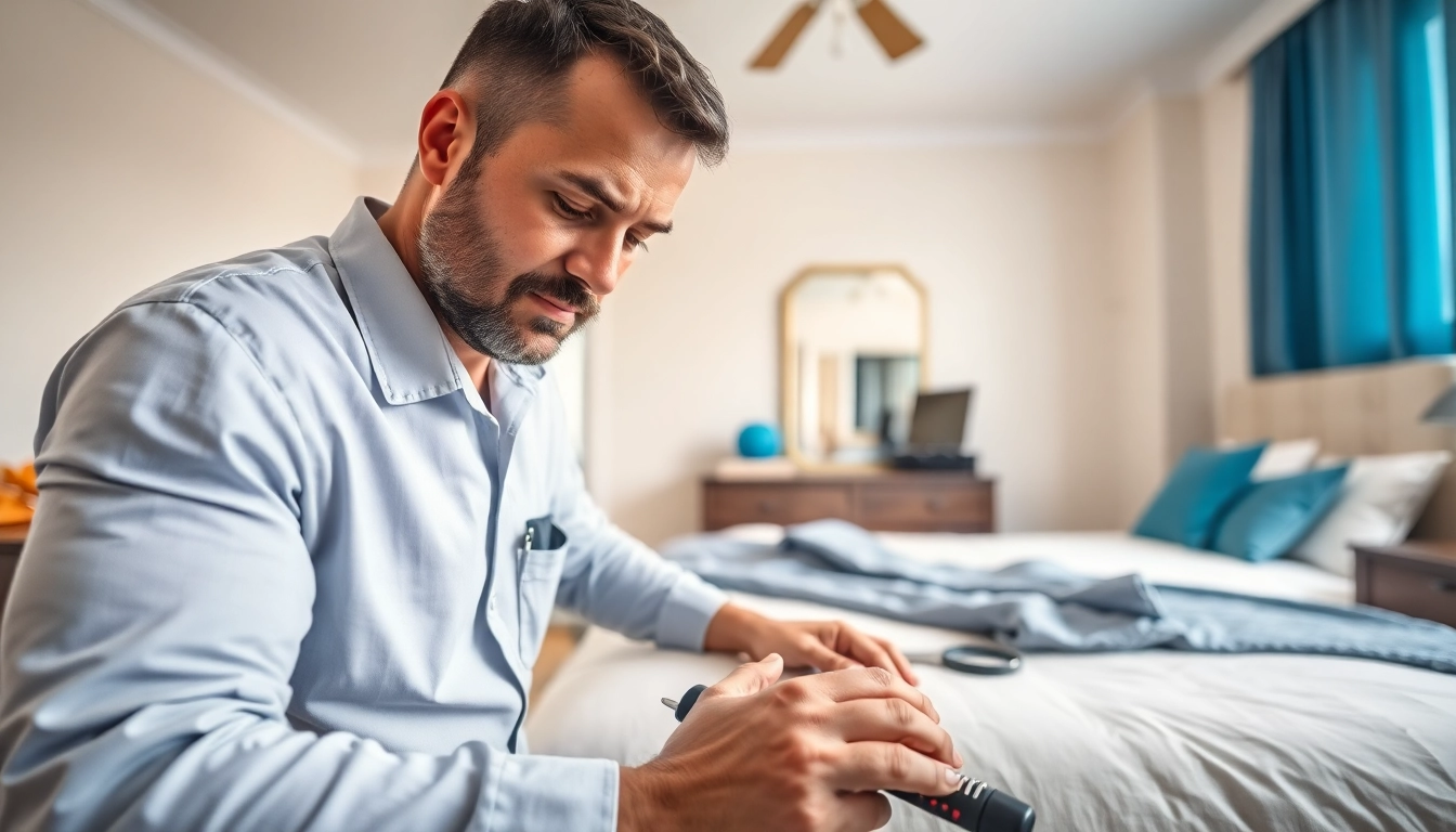 Bed bug exterminator inspecting a bedroom, revealing a clean and professional environment.