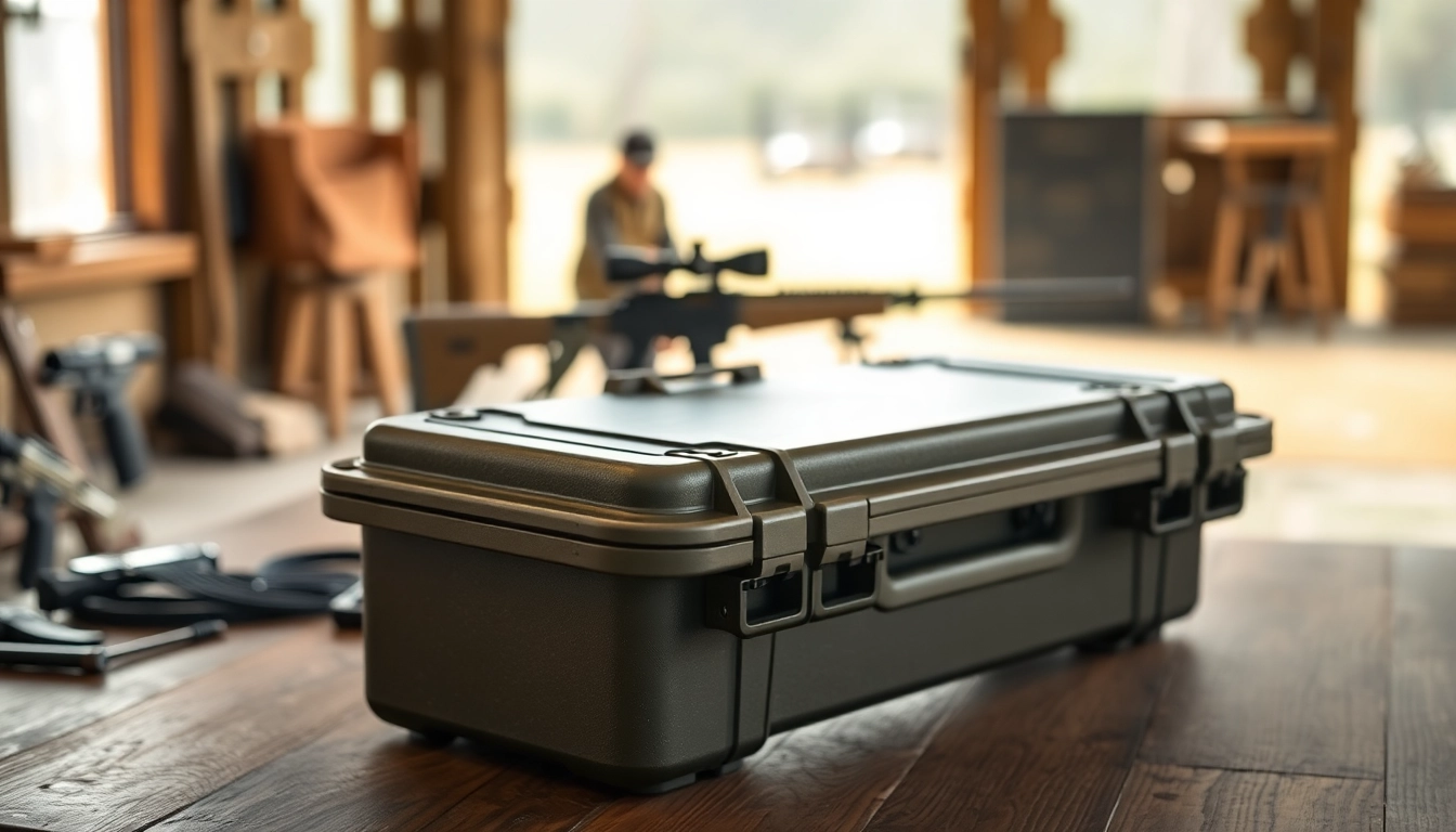Showcasing a pelican rifle case on a sturdy surface alongside essential shooting gear.