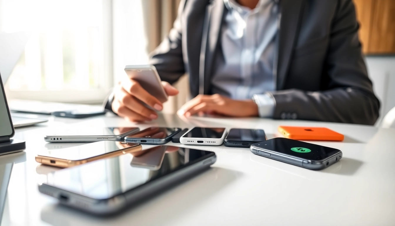iPhone cash buyer evaluating smartphones on a clutter-free desk.