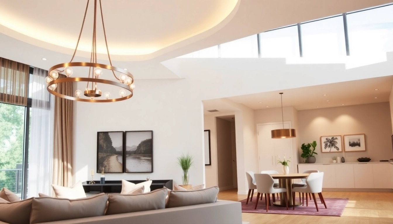 Inbouwspots verlichten een stijlvolle woonkamer en eetkamer omgeving.
