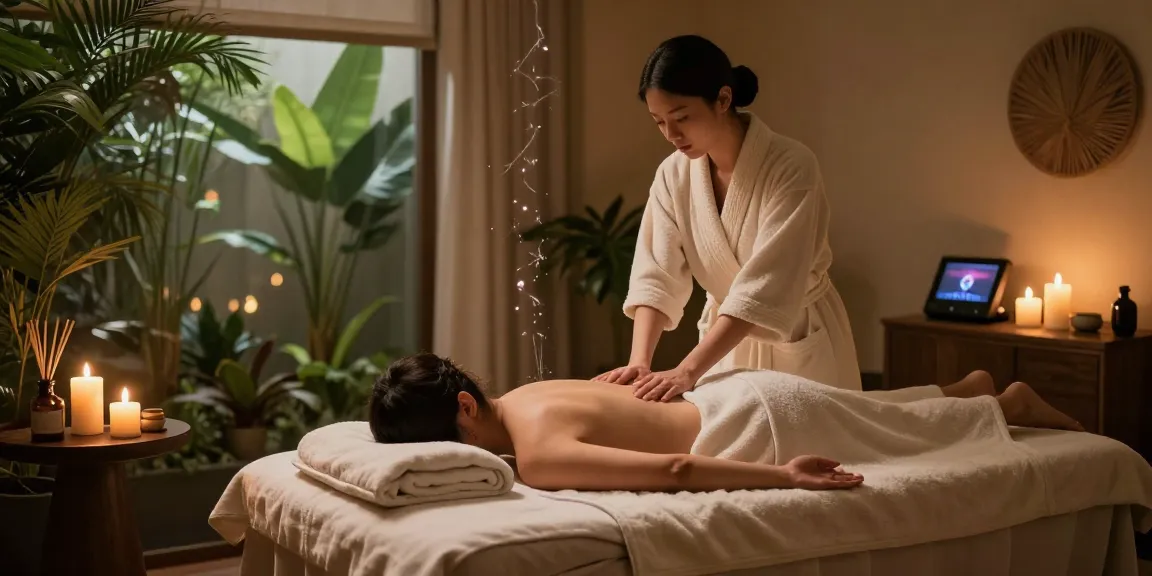 인천출장 마사지 치료가 진행되는 고급 스파 공간, 아로마 오일, 편안한 조명, 여유로운 분위기를 연출합니다.