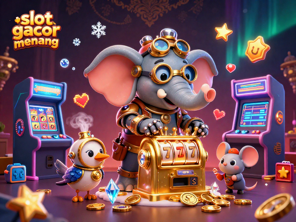 Spin to win with slot gacor gampang menang as the steampunk elephant operates a golden slot machine.