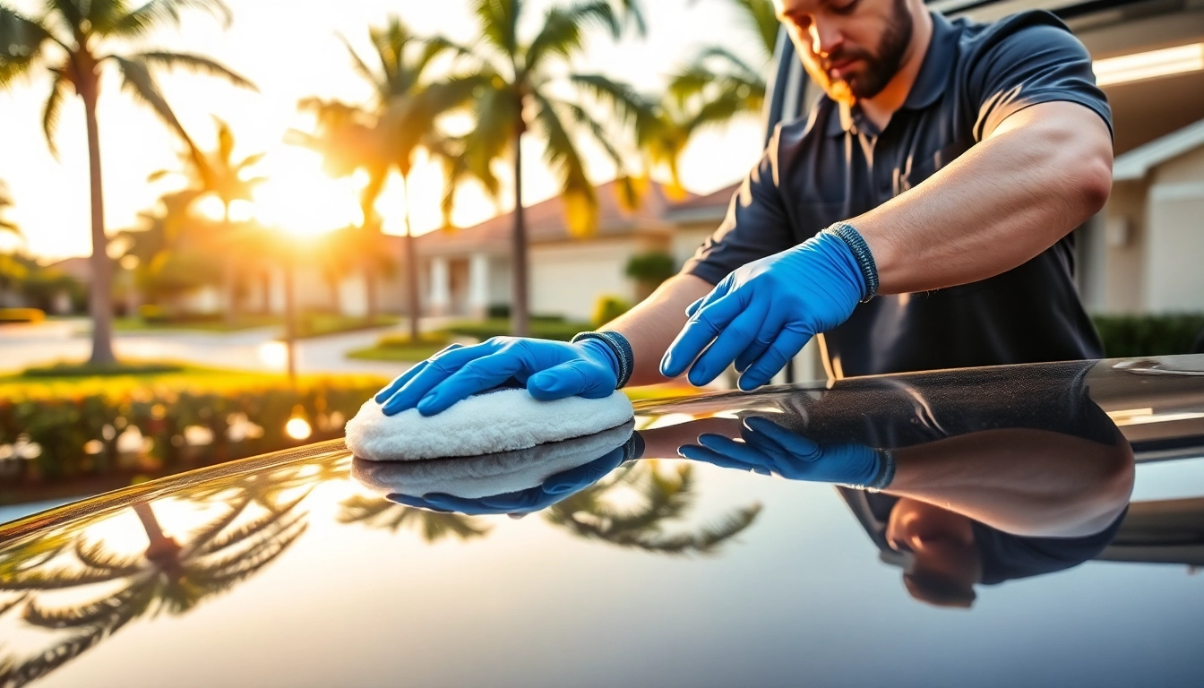 Mobile detailing Coral Springs technician expertly polishing a car in a sunny neighborhood.
