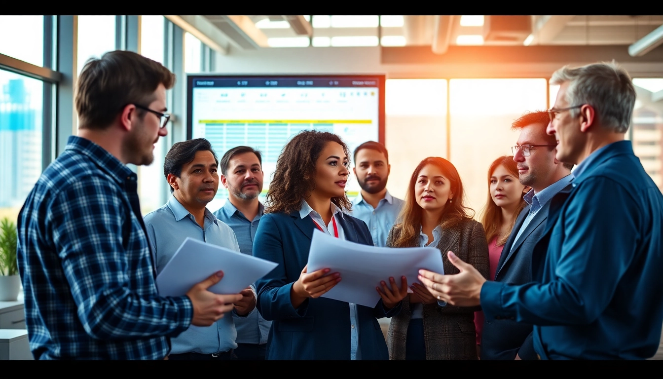 Team of professionals collaborating in a construction member organization during a meeting.