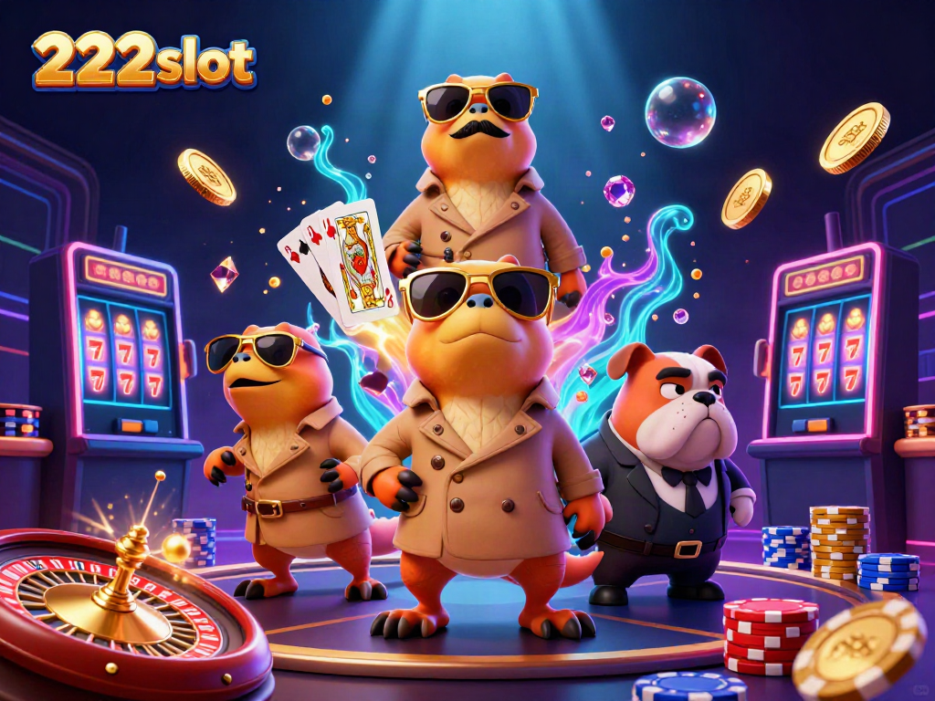 Rasakan keasyikan 222slot dengan ilustrasi lucu tiga raptor berpakaian jas memasuki kasino VIP.