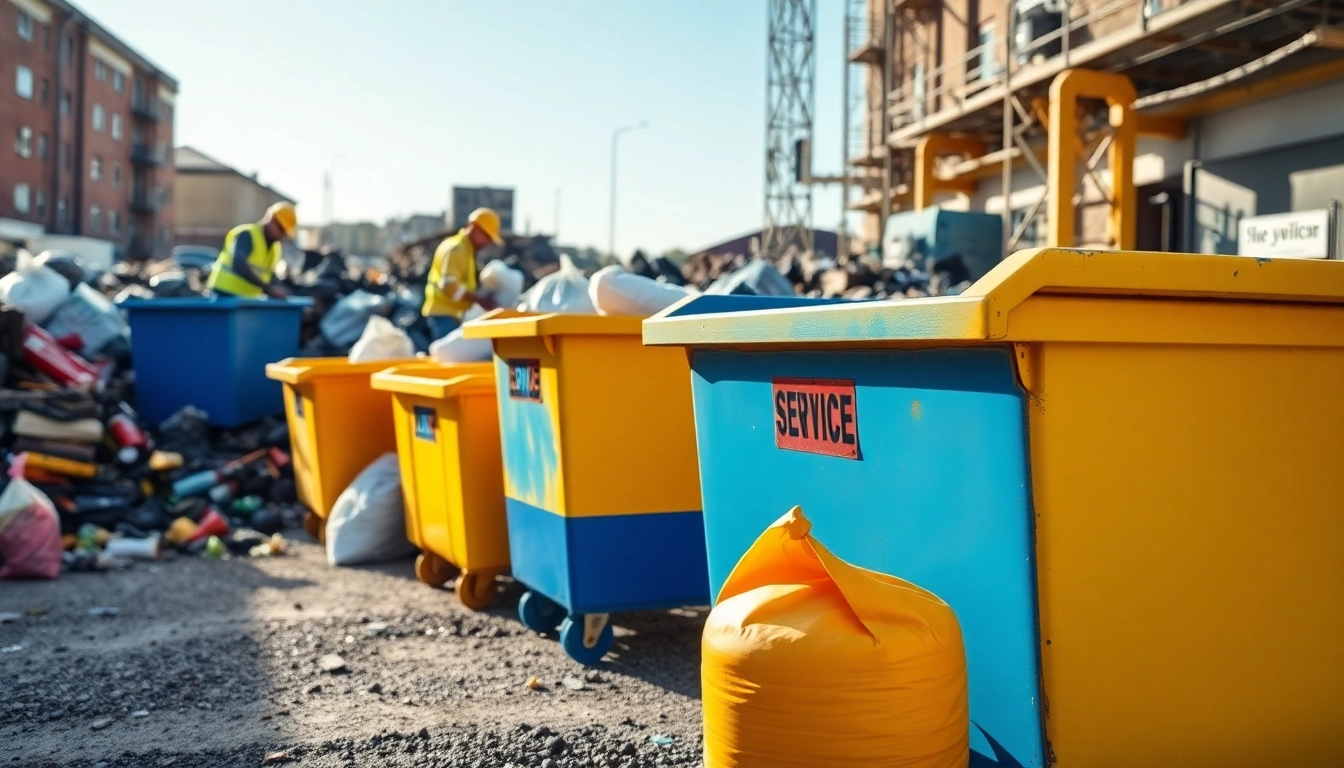 Streamlined skip hire services with colorful skips on a bustling construction site.