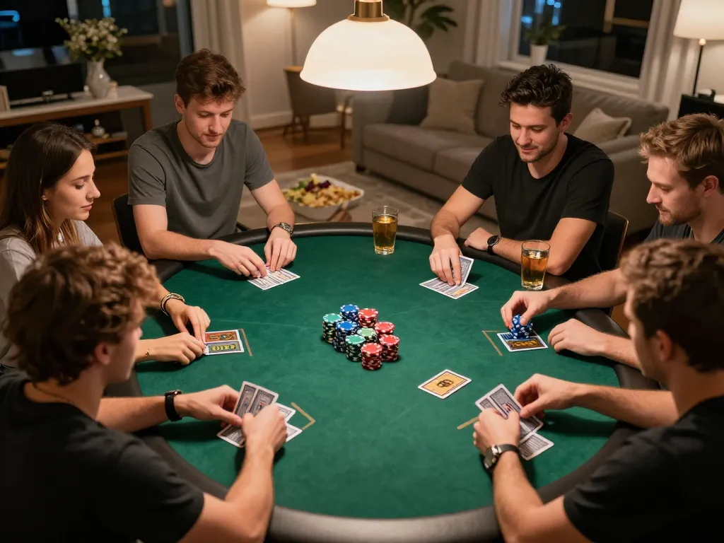 Friends enjoying a competitive poker night while playing FAFA828 at home, showcasing colorful chips and cards.