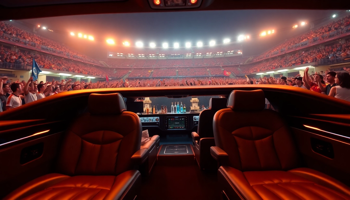 World Cup Group Transportation in a luxury limousine outside a stadium.