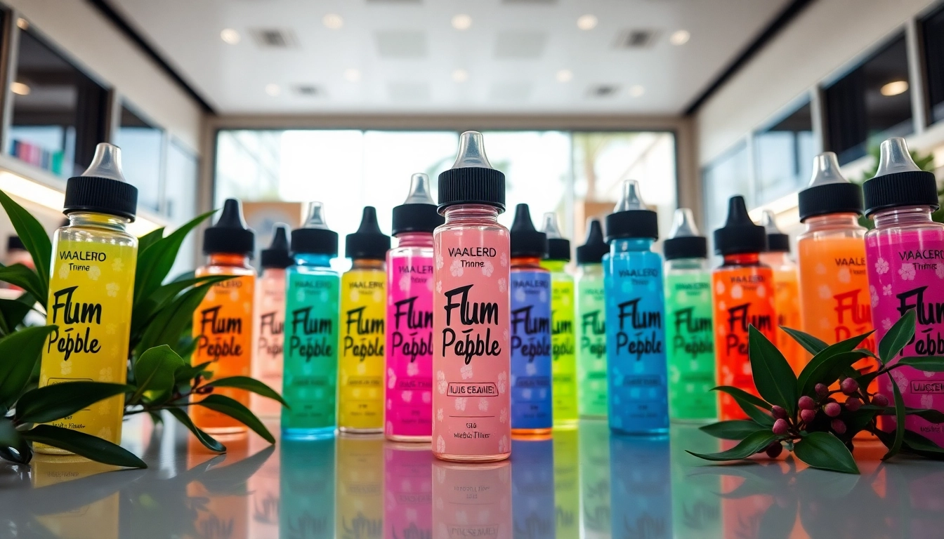 Explore vibrant flum pebble flavors displayed in a modern vape shop setting.