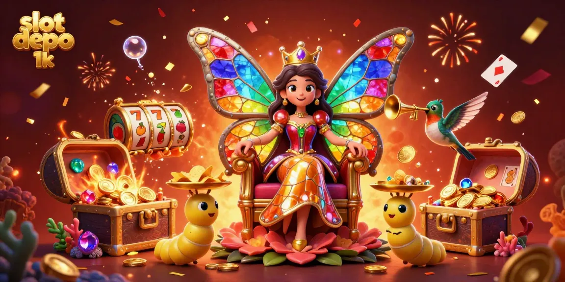 Slot depo 1k menampilkan ilustrasi kasino dengan ratu kupu-kupu, simbol buah, dan koin emas di latar belakang.