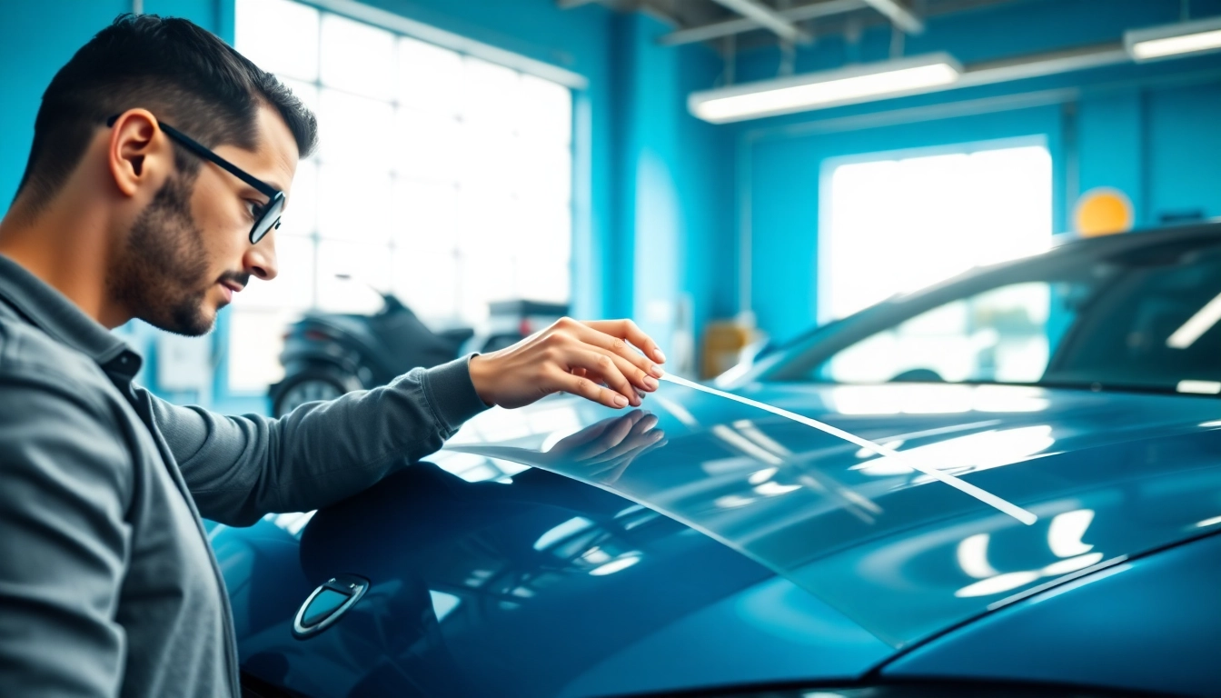 Clear Bra installer applying protective film on a luxury vehicle in professional workshop.