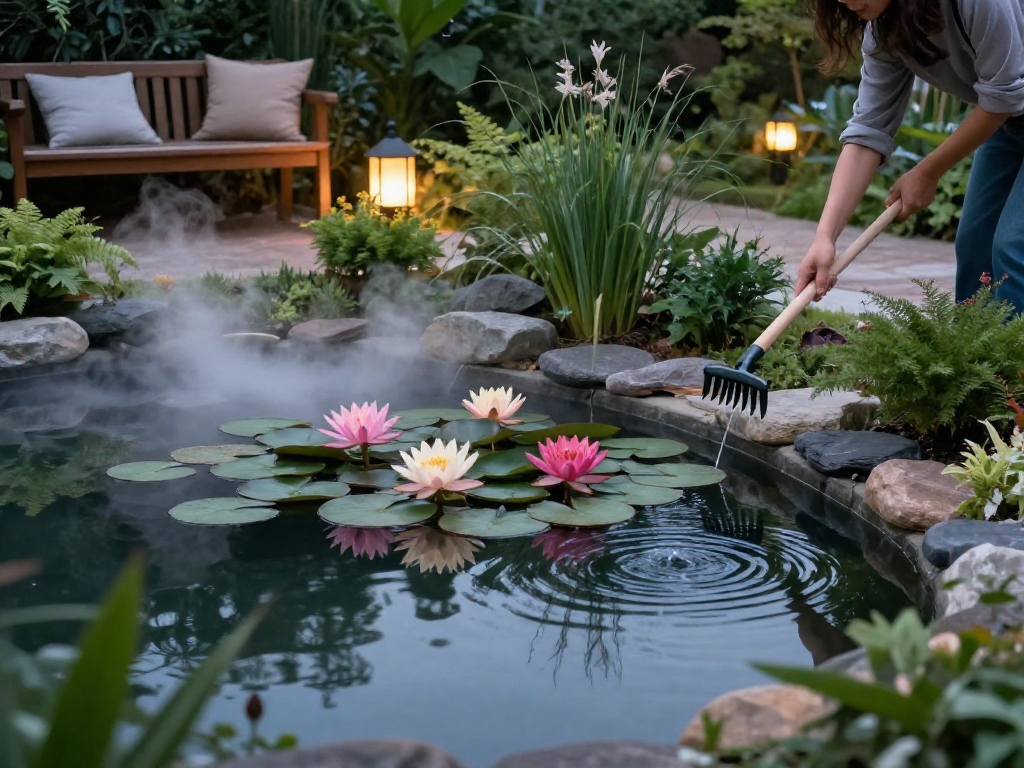Buy Water Lilies in a serene garden pond with blooming flowers and gentle lighting.