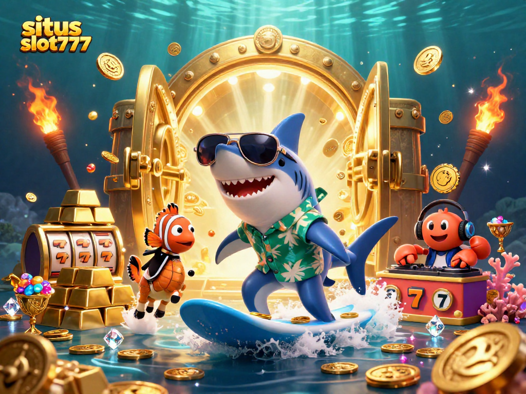 Engage in thrilling gameplay at situs slot777 with vibrant slot reels and gold coins cascading around lively characters.
