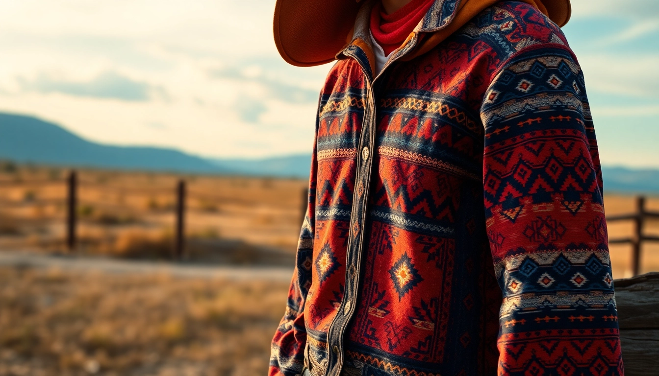 Model displaying Aztec Print Western Wear in a rustic outdoor setting, highlighting vibrant patterns.
