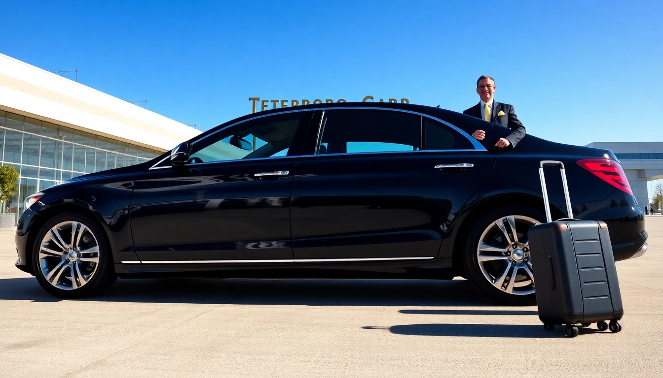 Teterboro car service showcased with a luxury sedan awaiting passengers in front of an airport terminal.