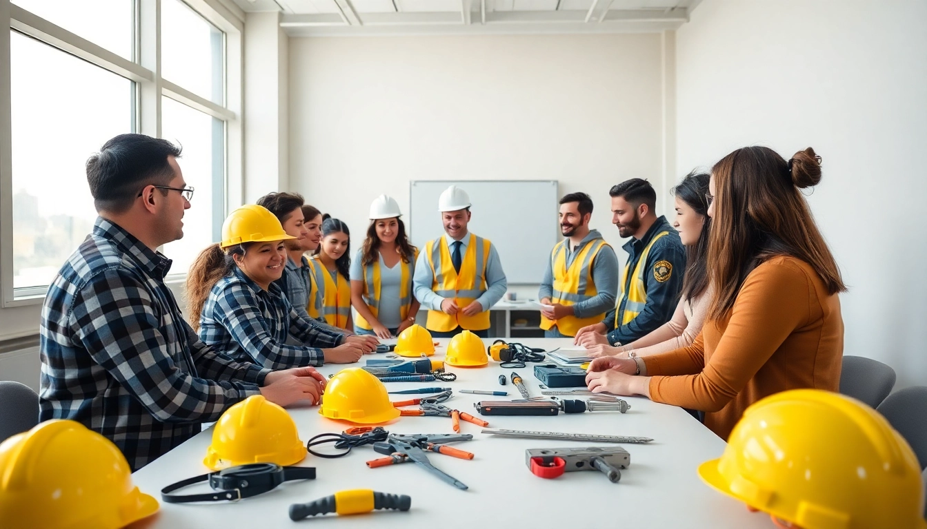 Construction safety training session with diverse participants learning safety measures in a classroom.