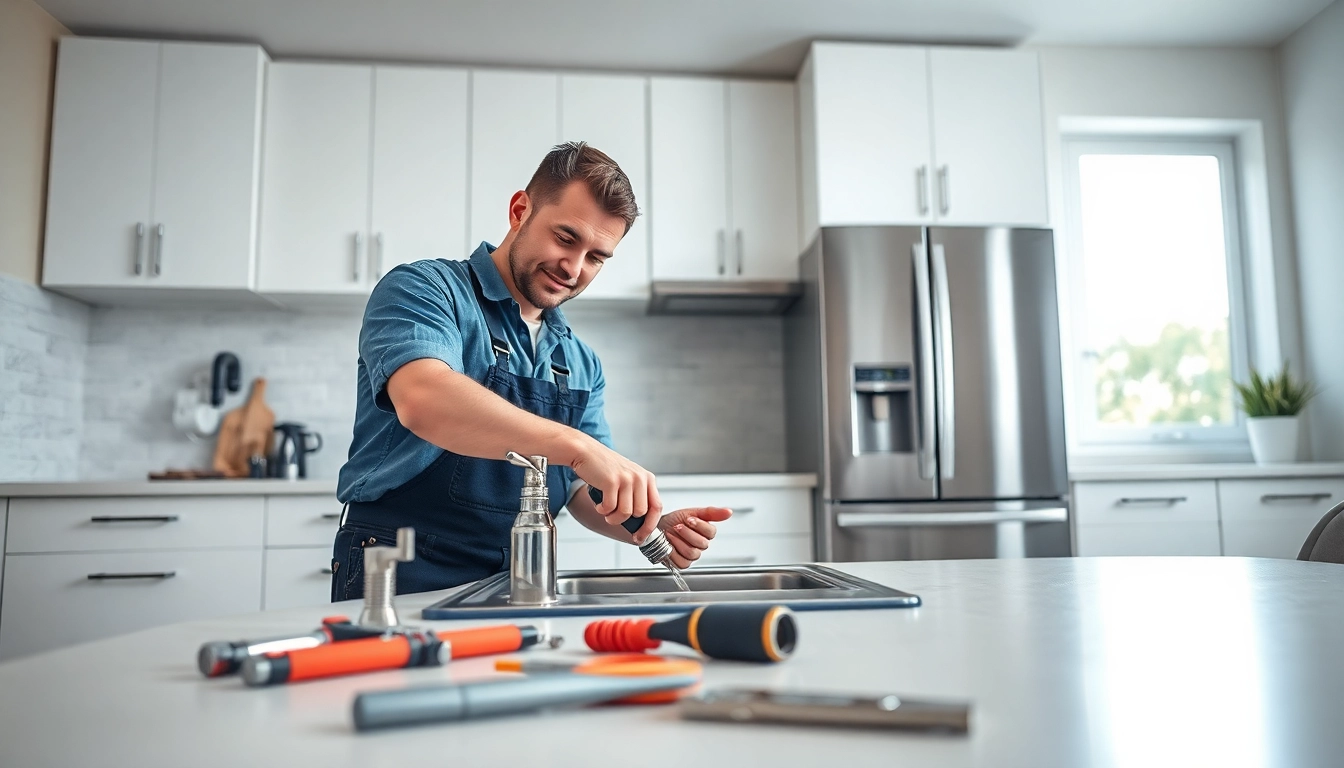Find a qualified plumber near me fixing a modern kitchen sink.