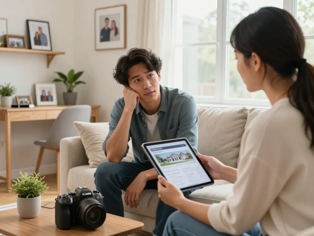 Real estate agent discusses options to sell house without repairs in a cozy living room.