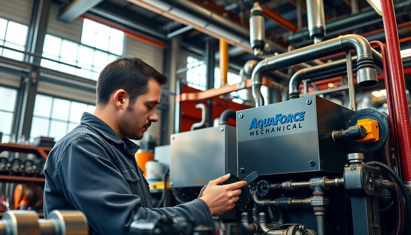 AquaForce Mechanical equipment being serviced by a skilled technician in an industrial workshop.