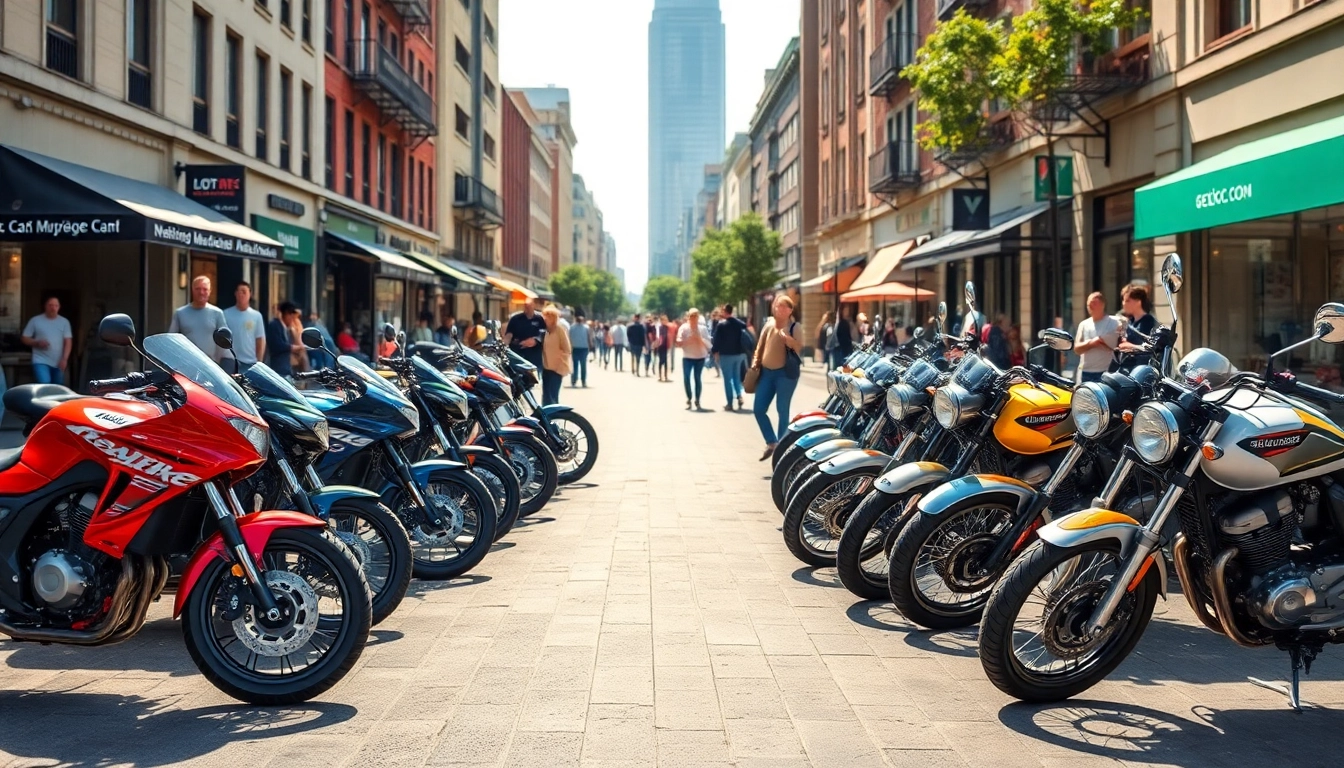 Showcasing budget DOT approved motorcycles for sale, emphasizing vibrant colors and sleek designs on a city street.