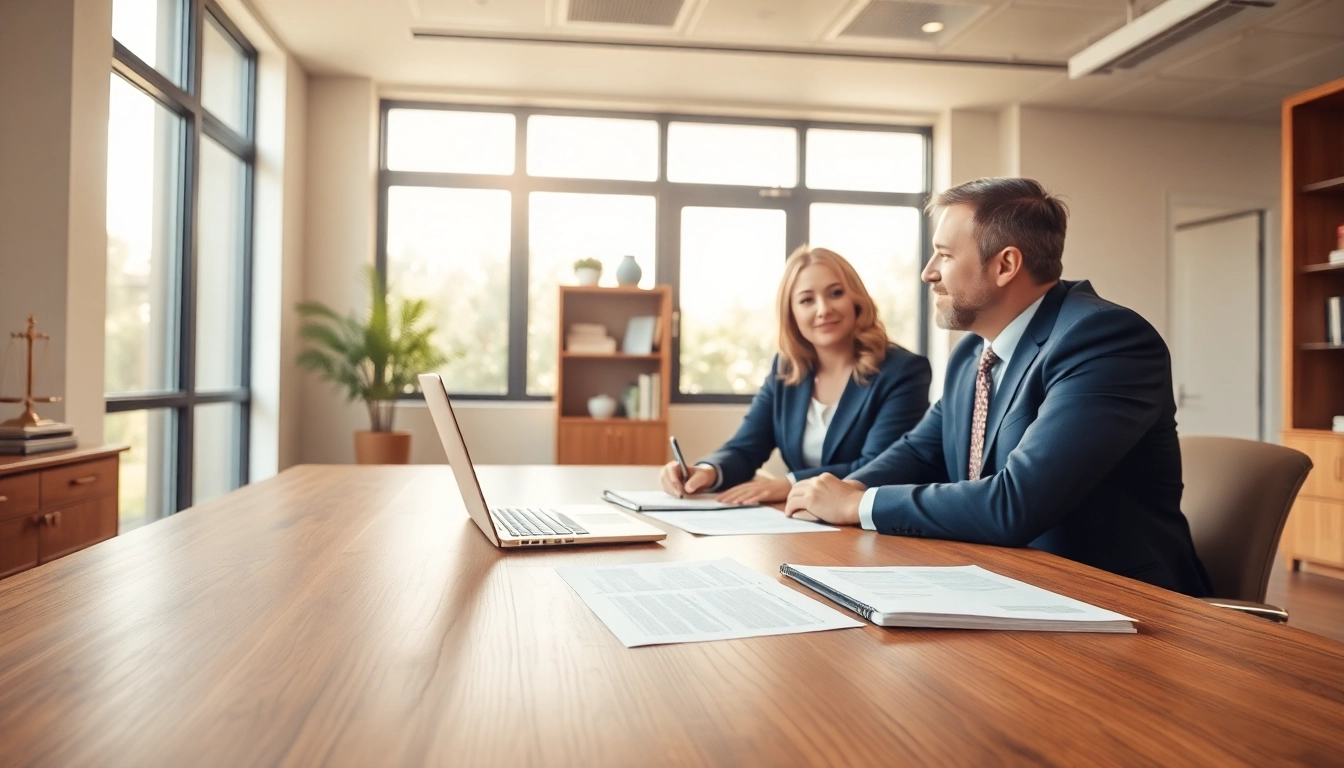 Engaging Palm Harbor Family Lawyer discussing case details with a client in a modern office.