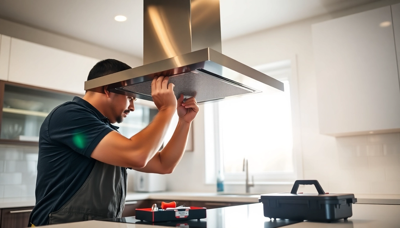Fixing a sleek stainless steel unit during a Range Hood Repair in a modern kitchen.