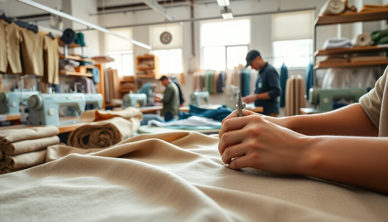 High Quality Clothing Manufacturer showcasing skilled artisans creating linen garments in a workshop.